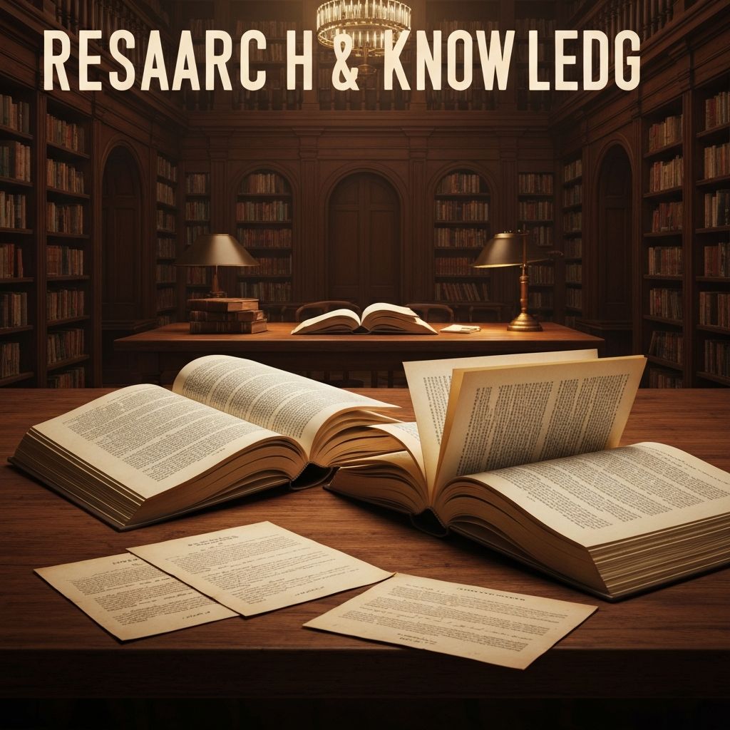 Collection of open books and research documents arranged on surface with warm library lighting and deep shadows