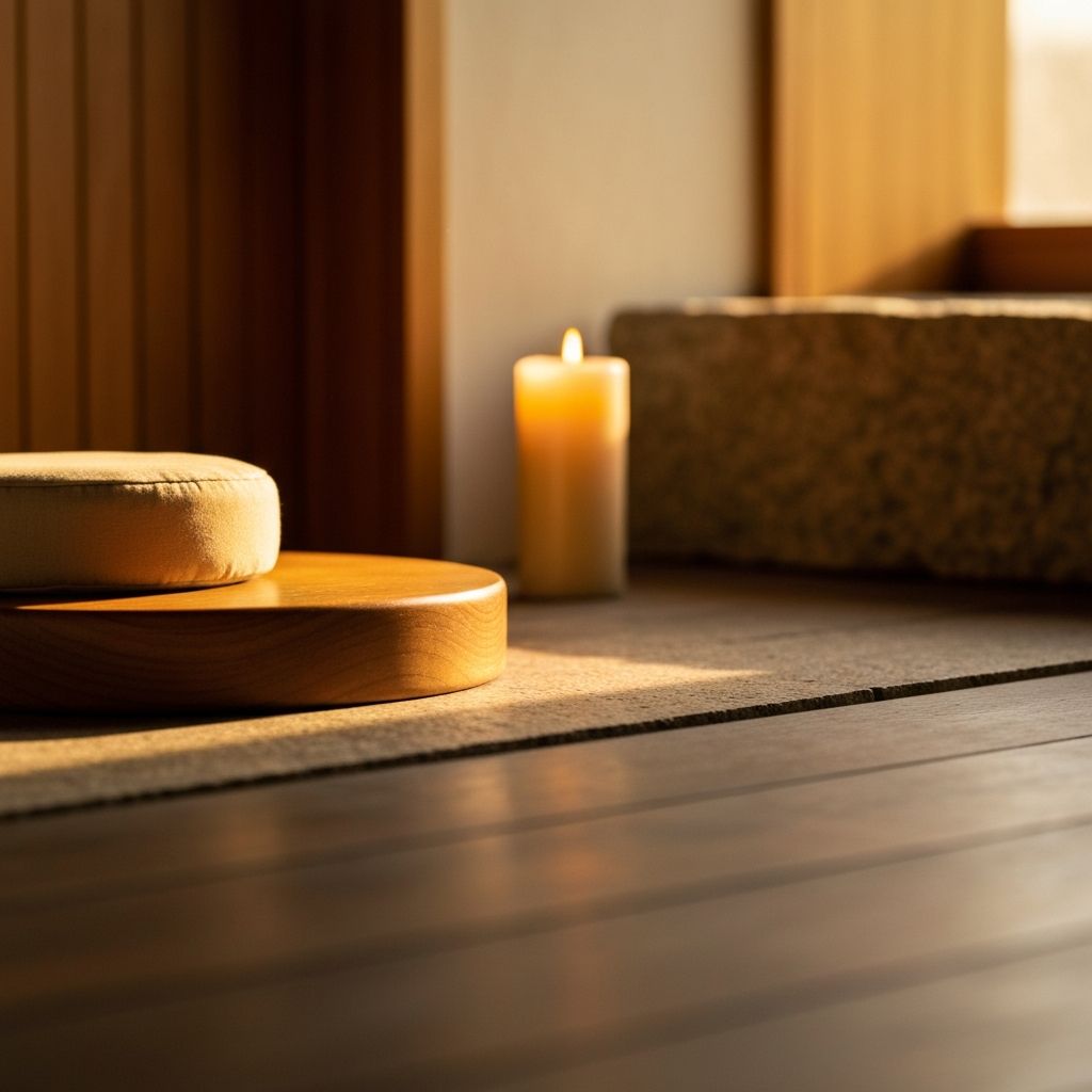 Peaceful meditation setup with cushion and natural materials in soft warm natural light creating serene atmosphere