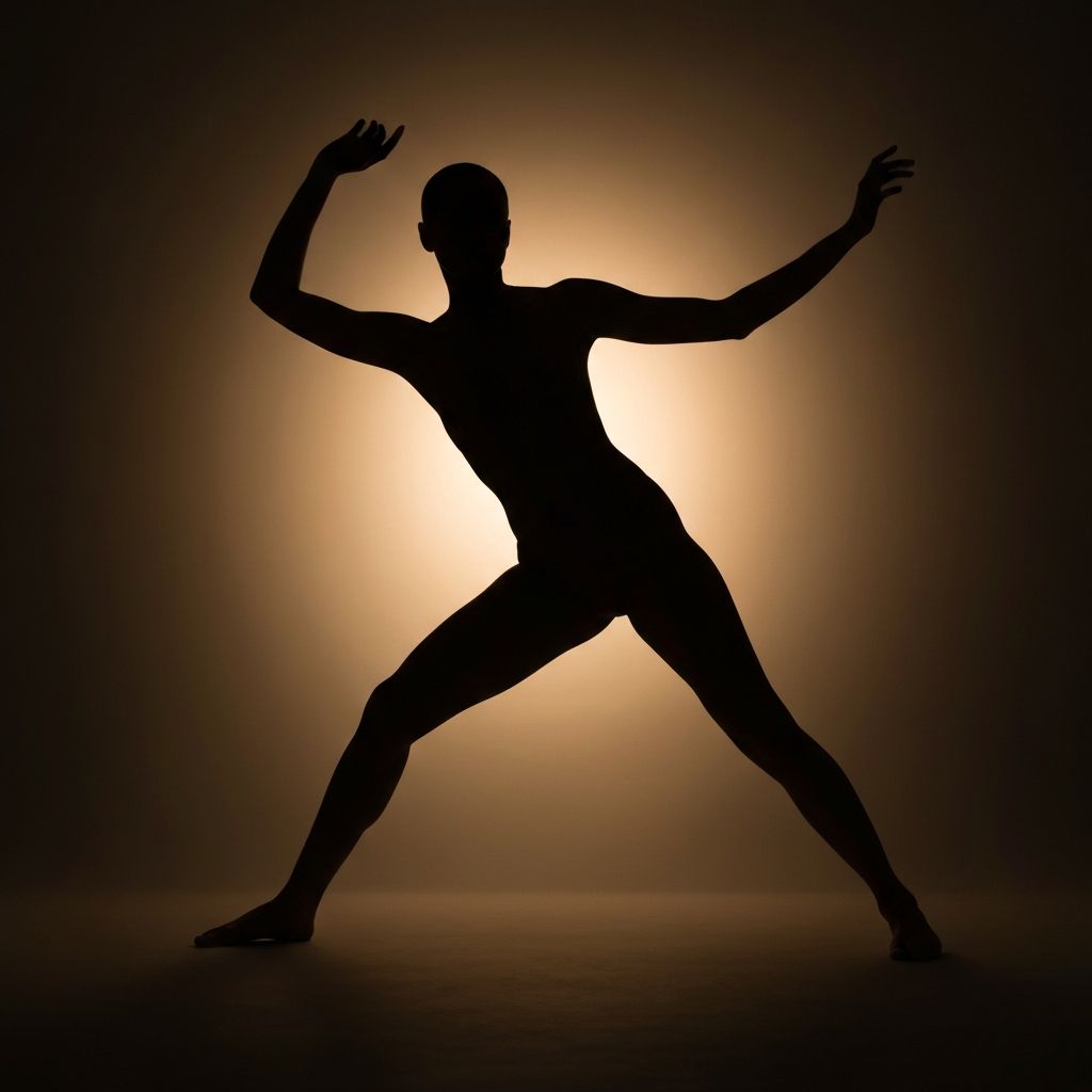 Abstract silhouette of human figure in motion with warm backlighting, suggesting powerful yet graceful movement